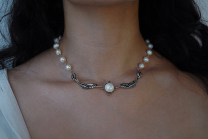 TWIN MERMAID PEARL CHOKER NECKLACE (SILVER)